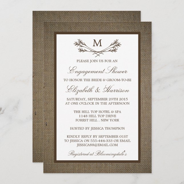 Country Rustic Monogram Branch Burlap Engagement Invitation (Front/Back)