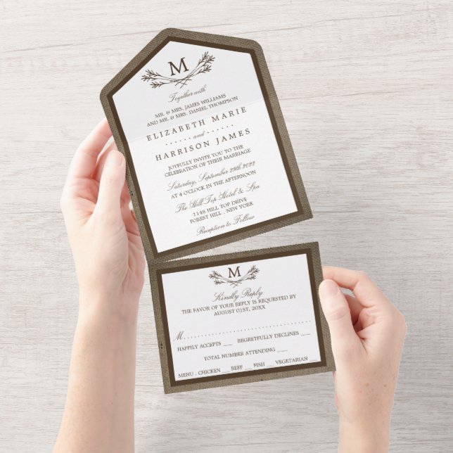 Country Rustic Monogram Branch & Burlap Wedding All In One Invitation (Tearaway)