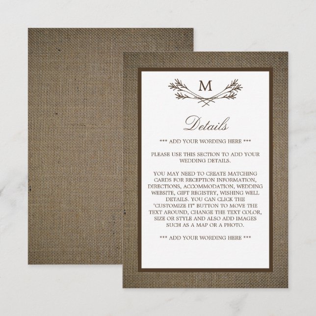 Country Rustic Monogram Branch & Burlap Wedding Enclosure Card (Front/Back)