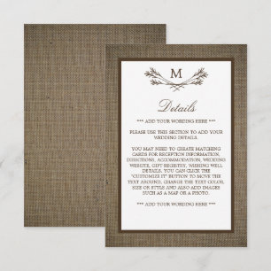 Country Rustic Monogram Branch & Burlap Wedding Enclosure Card