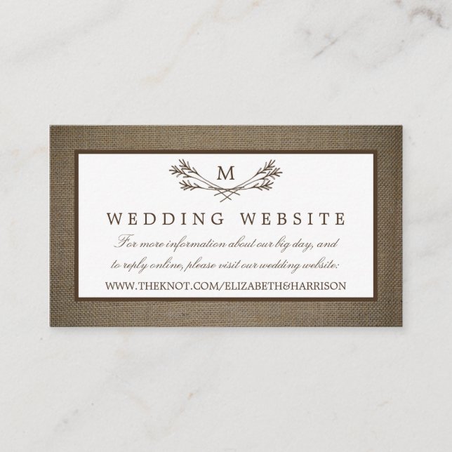 Country Rustic Monogram Branch & Burlap Wedding Enclosure Card (Front)