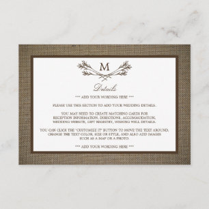 Country Rustic Monogram Branch & Burlap Wedding Enclosure Card