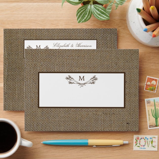 Country Rustic Monogram Branch & Burlap Wedding Envelope (Desk)