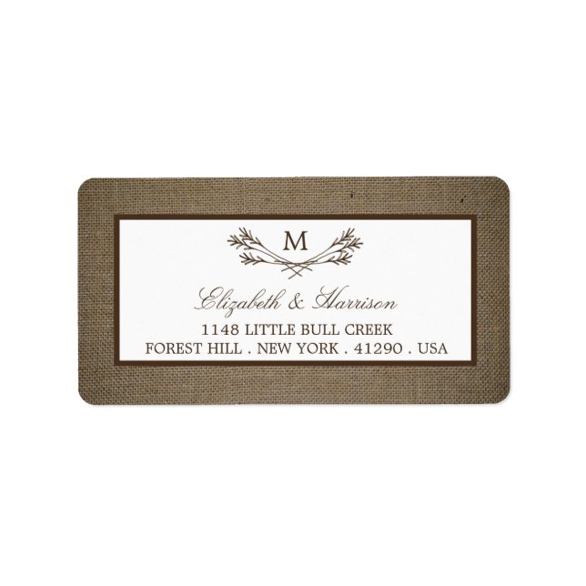 Country Rustic Monogram Branch & Burlap Wedding Label (Front)