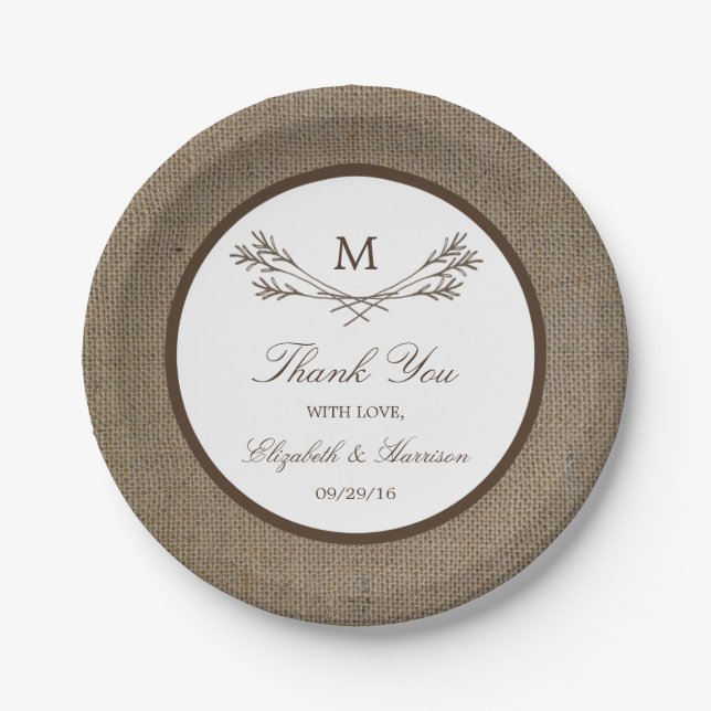 Country Rustic Monogram Branch & Burlap Wedding Paper Plate (Front)