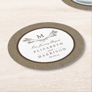 Country Rustic Monogram Branch & Burlap Wedding Round Paper Coaster