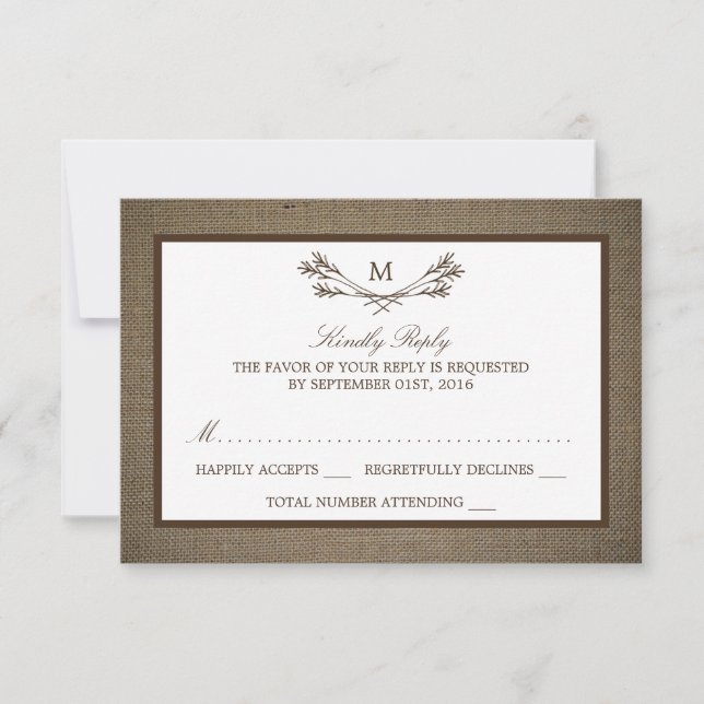Country Rustic Monogram Branch & Burlap Wedding RSVP Card (Front)
