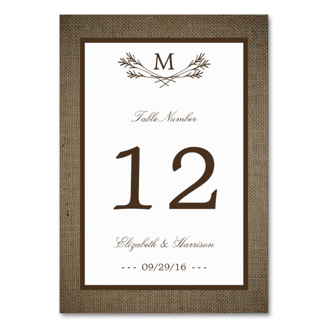 Country Rustic Monogram Branch & Burlap Wedding Table Number (Front)
