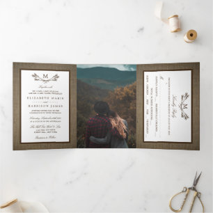Country Rustic Monogram Branch & Burlap Wedding Tri-Fold Invitation