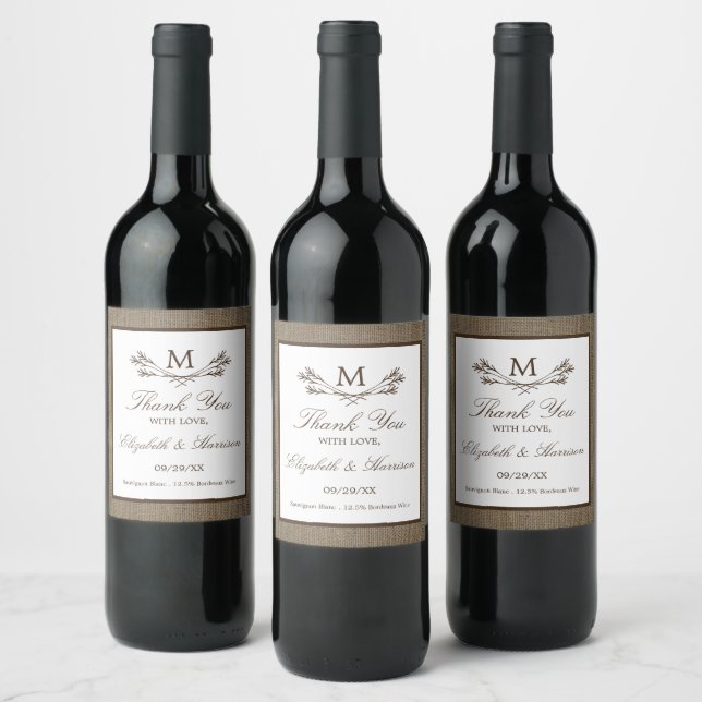 Country Rustic Monogram Branch & Burlap Wedding Wine Label (Bottles)