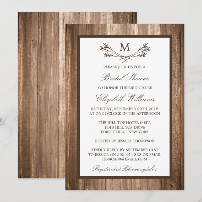 Country Rustic Monogram Branch Wood Bridal Shower Invitation (Front/Back)