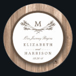 Country Rustic Monogram Branch & Wood Wedding Classic Round Sticker<br><div class="desc">These stickers are perfect for any couple planning a rustic country marriage. The design features a monogram branch design on a rustic wood effect background. The simple design can be personalized to suit your special event and will be the perfect favour for any country chic themed party, including; bridal showers,...</div>