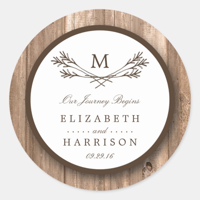 Country Rustic Monogram Branch & Wood Wedding Classic Round Sticker (Front)