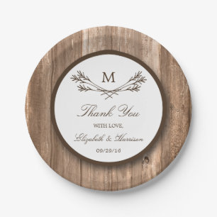 Country Rustic Monogram Branch & Wood Wedding Paper Plate