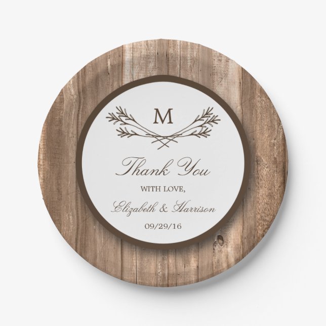 Country Rustic Monogram Branch & Wood Wedding Paper Plate (Front)