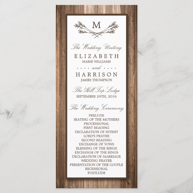 Country Rustic Monogram Branch & Wood Wedding Program (Front)