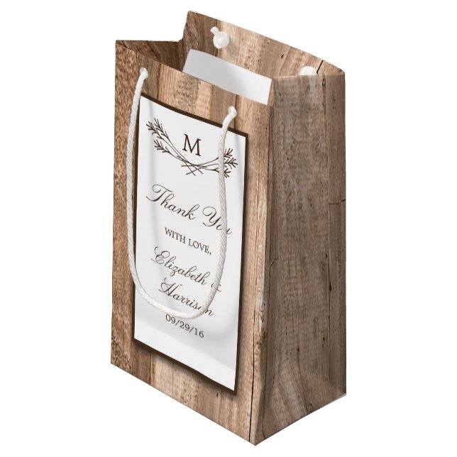 Country Rustic Monogram Branch & Wood Wedding Small Gift Bag (Front Angled)