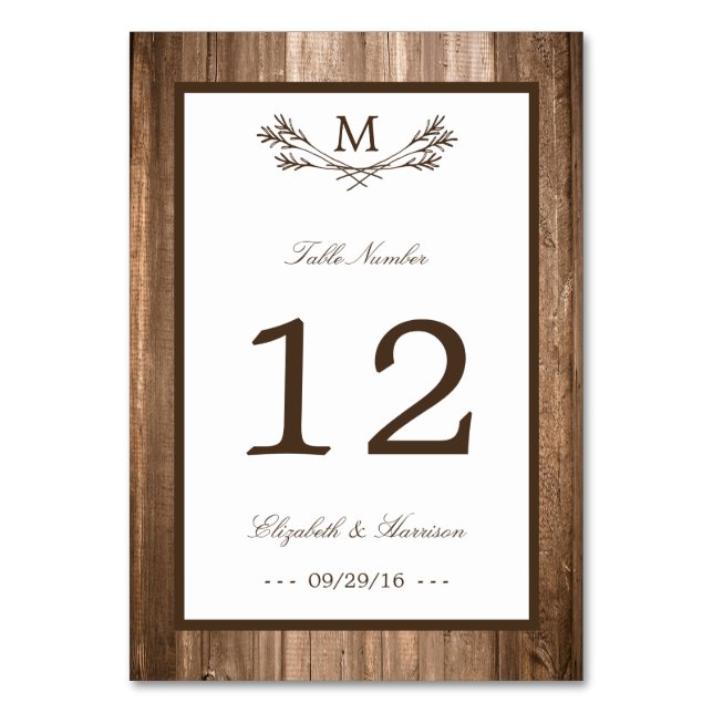 Country Rustic Monogram Branch & Wood Wedding Table Number (Front)