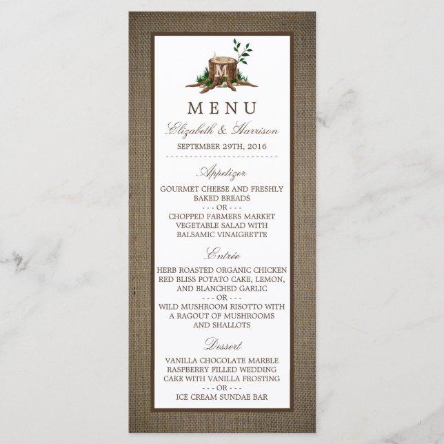 Country Rustic Monogram Tree & Burlap Menu Mariage (Devant)