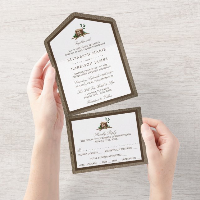 Country Rustic Monogram Tree & Burlap Wedding All In One Invitation (Tearaway)