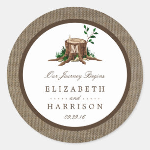 Country Rustic Monogram Tree & Burlap Wedding Classic Round Sticker