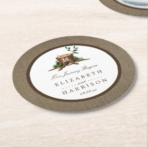 Country Rustic Monogram Tree & Burlap Wedding Round Paper Coaster