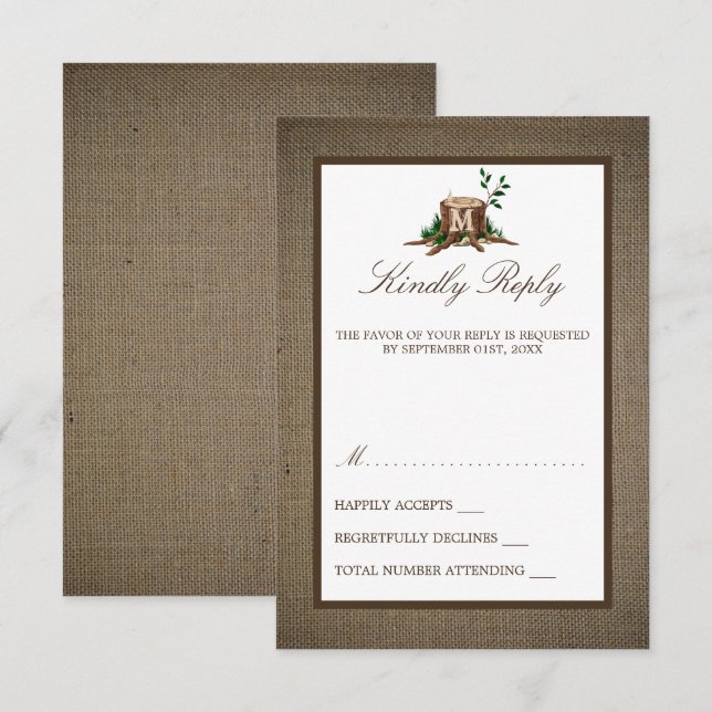 Country Rustic Monogram Tree & Burlap Wedding RSVP Card (Front/Back)