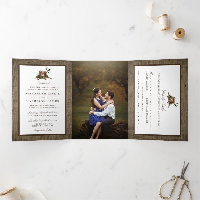 Country Rustic Monogram Tree & Burlap Wedding Tri-Fold Invitation (Inside)