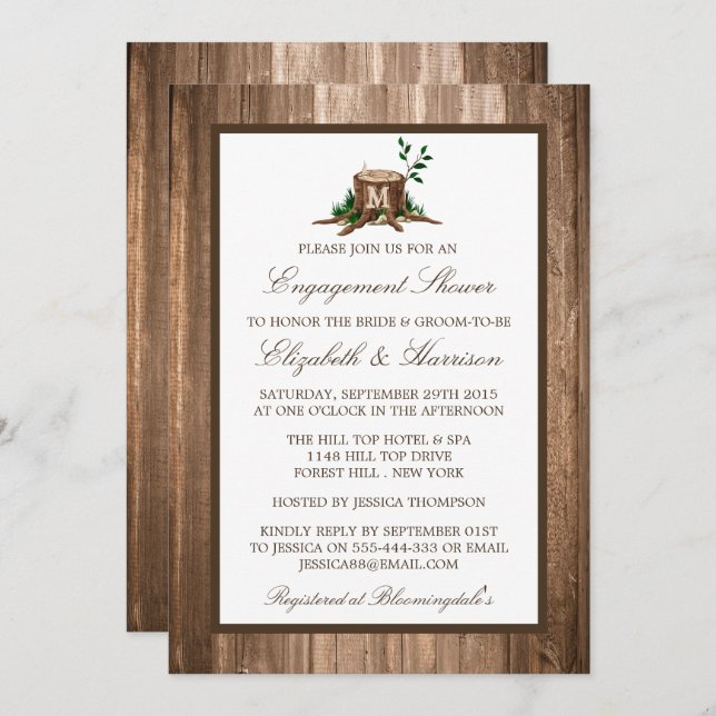 Country Rustic Monogram Tree Wood Engagement Invitation (Front/Back)