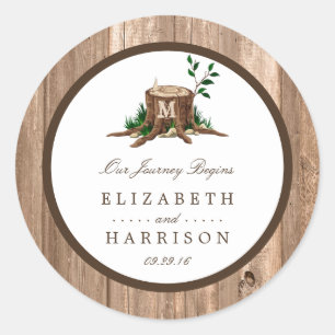 Country Rustic Monogram Tree & Wood Wedding Classic Round Sticker