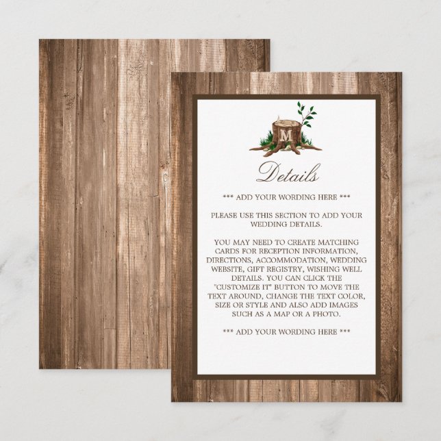 Country Rustic Monogram Tree & Wood Wedding Detail Enclosure Card (Front/Back)