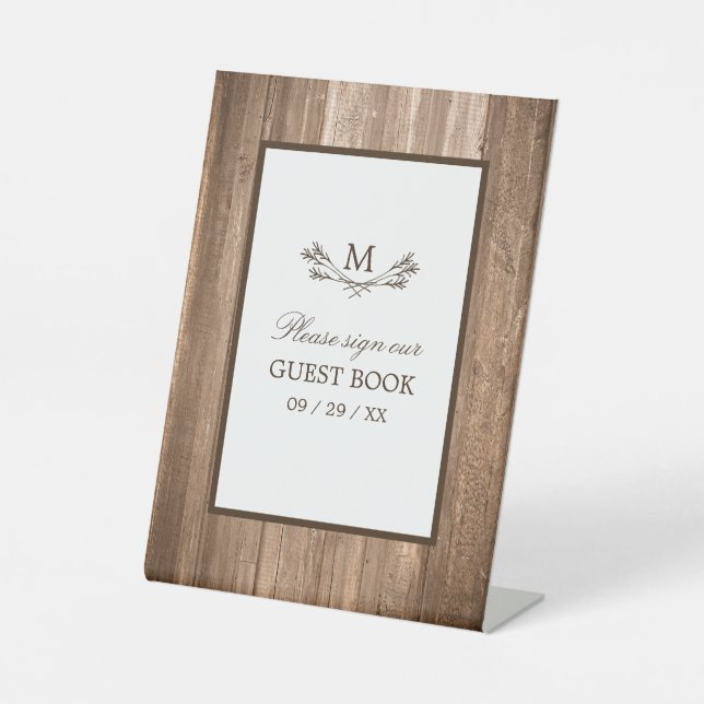 Country Rustic Monogram Tree & Wood Wedding Pedestal Sign (Front)