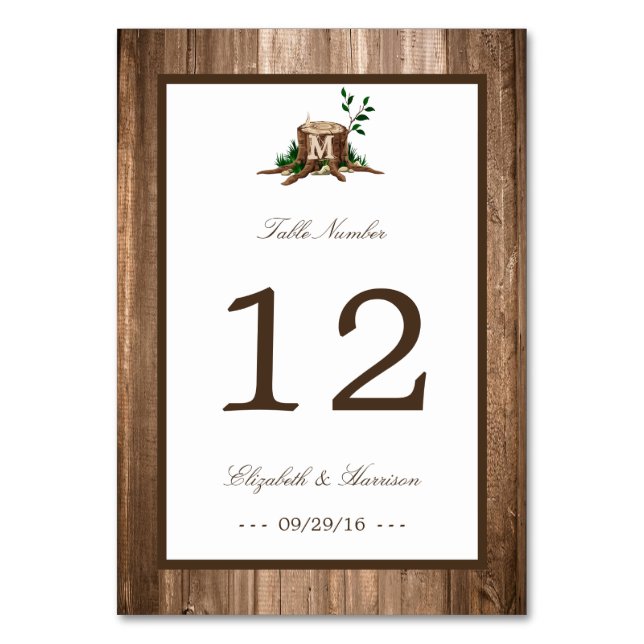 Country Rustic Monogram Tree & Wood Wedding Table Number (Front)