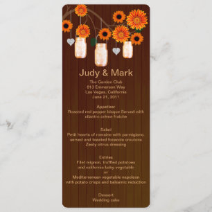 Country Rustic Orange Mason Jars Wedding Menu Card