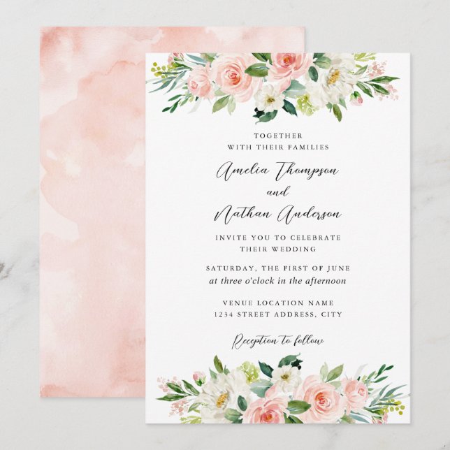 Country Rustic Pink Blush Botanical Wedding Invitation (Front/Back)