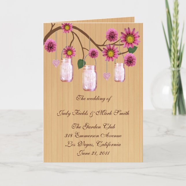 Country Rustic Pink Mason Jars Program Card (Front)