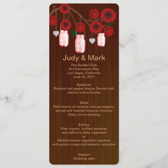 Country Rustic Red Mason Jars Wedding Menu Card (Front)