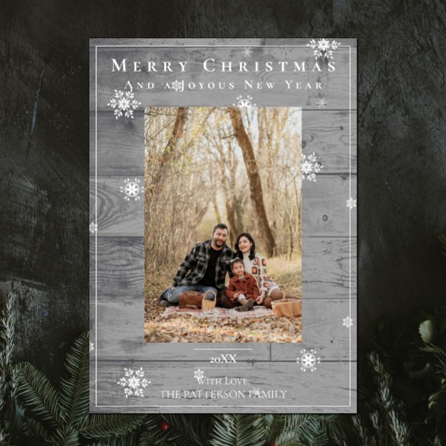Country Rustic Snowflakes Grey Holiday Photo Card (Gray Country Rustic Snowflakes Christmas Photo Card)