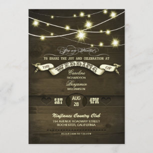country rustic string lights wood wedding invitation