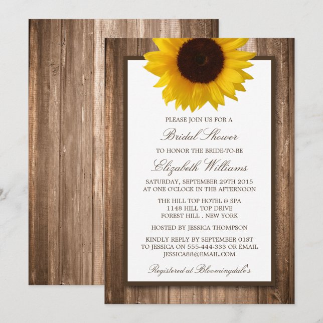 Country Rustic Sunflower Brown Wood Bridal Shower Invitation (Front/Back)