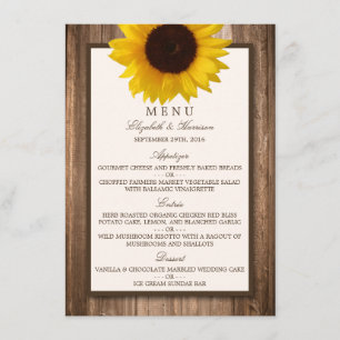 Country Rustic Sunflower & Brown Wood Menu Mariage