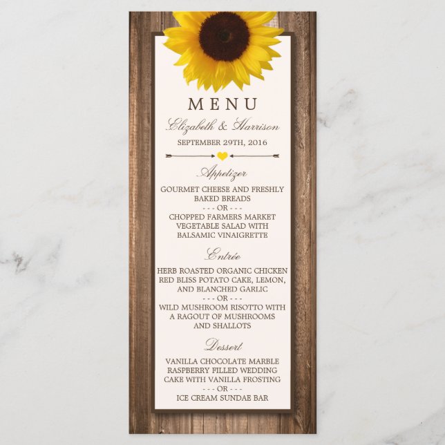 Country Rustic Sunflower & Brown Wood Menu Mariage (Devant)