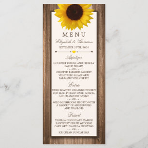 Country Rustic Sunflower & Brown Wood Menu Mariage