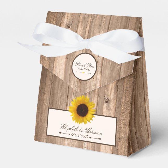 Country Rustic Sunflower & Brown Wood Wedding Favor Box (Front Side)