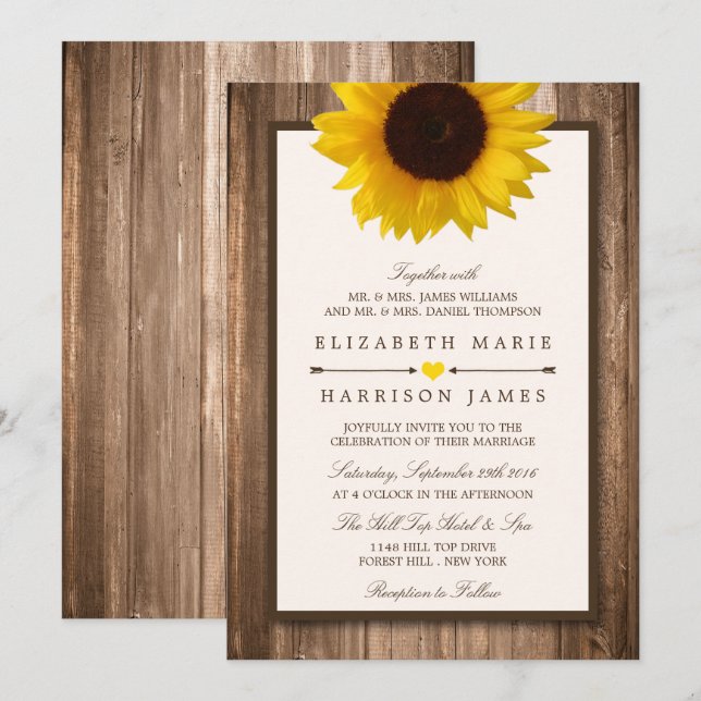 Country Rustic Sunflower & Brown Wood Wedding Invitation (Front/Back)