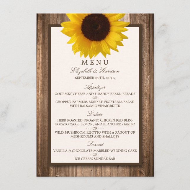 Country Rustic Sunflower & Brown Wood Wedding Menu (Front)