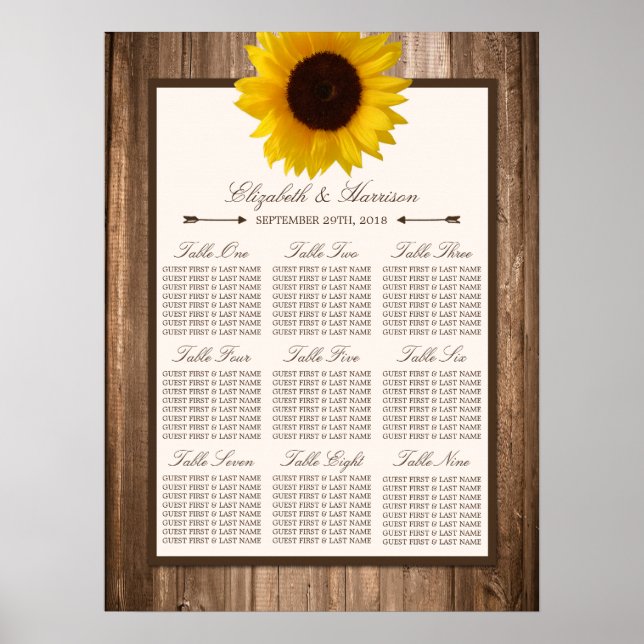 Country Rustic Sunflower & Brown Wood Wedding Poster (Front)