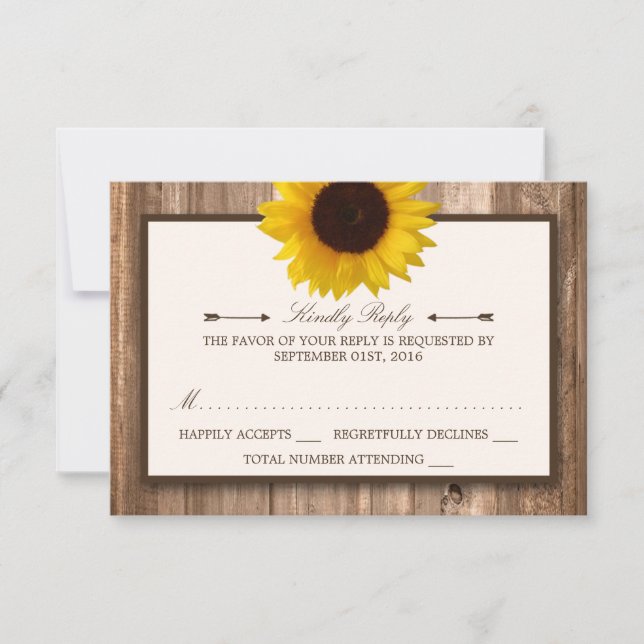 Country Rustic Sunflower & Brown Wood Wedding RSVP (Front)