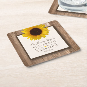 Country Rustic Sunflower & Brown Wood Wedding Square Paper Coaster