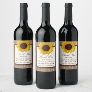Country Rustic Sunflower & Brown Wood Wedding Wine Label